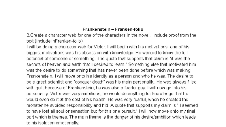 Frankenstein (ENG 101): Character Analysis & Creation Manual - Studocu