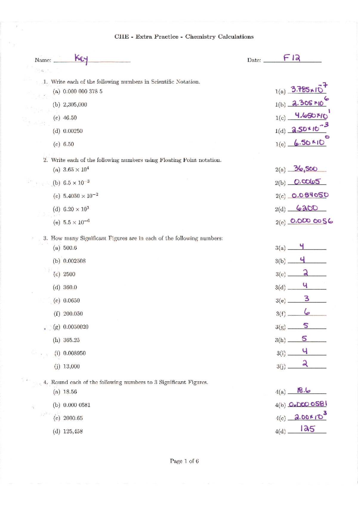 CHE 101 Extra Practice Key: Chemistry Calculations Study Guide - Studocu