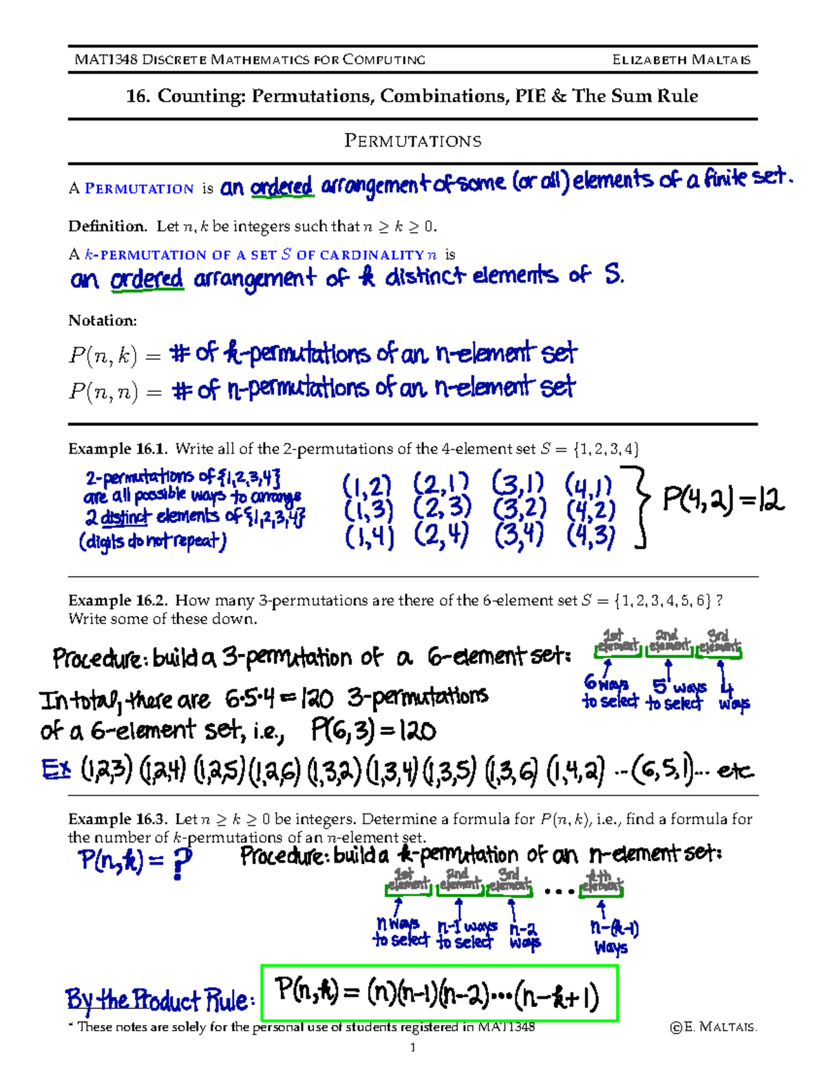 MAT1348 Final Exam Notes: Counting, Permutations, and Combinations ...