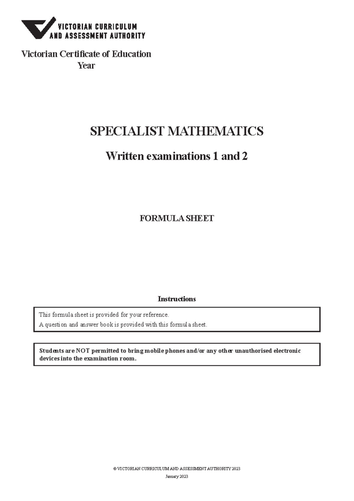 Specialist Maths (SM) Formula Sheet for Written Exams 1 & 2 - Studocu