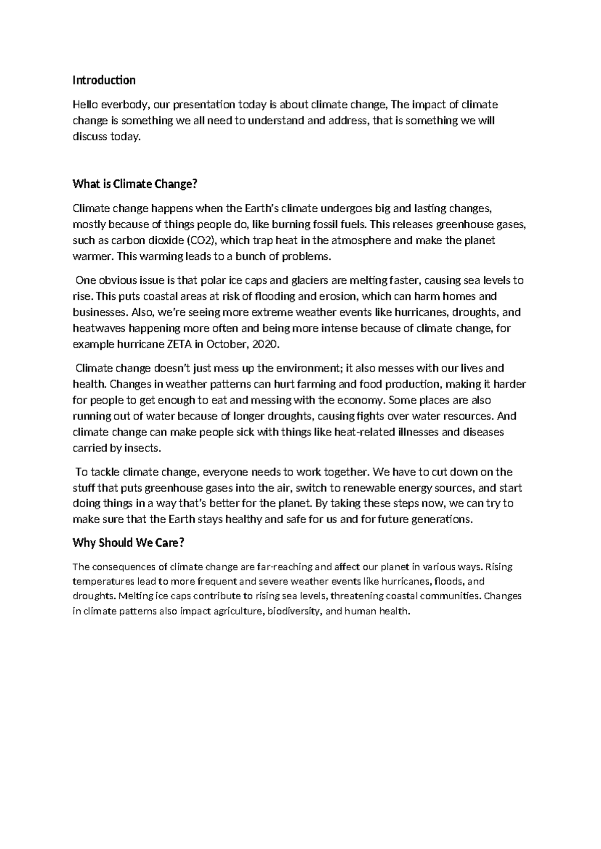 Engels Script Presentation on Climate Change by Haris & Boaz - Studeersnel
