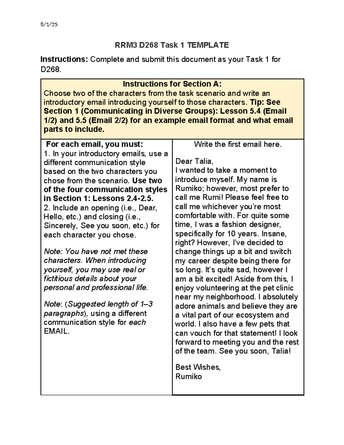 RRM3 D268 Task 1: Character Introduction Emails Template - Studocu