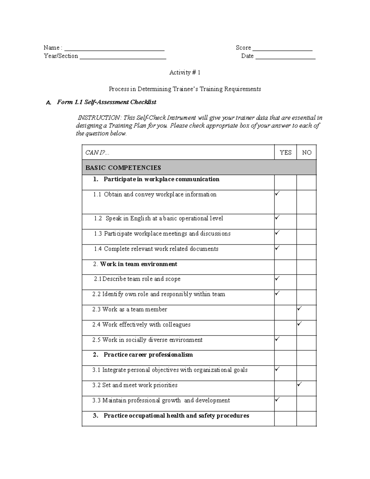 Training Requirements Assessment: Form 1.1-1.4 - Studocu