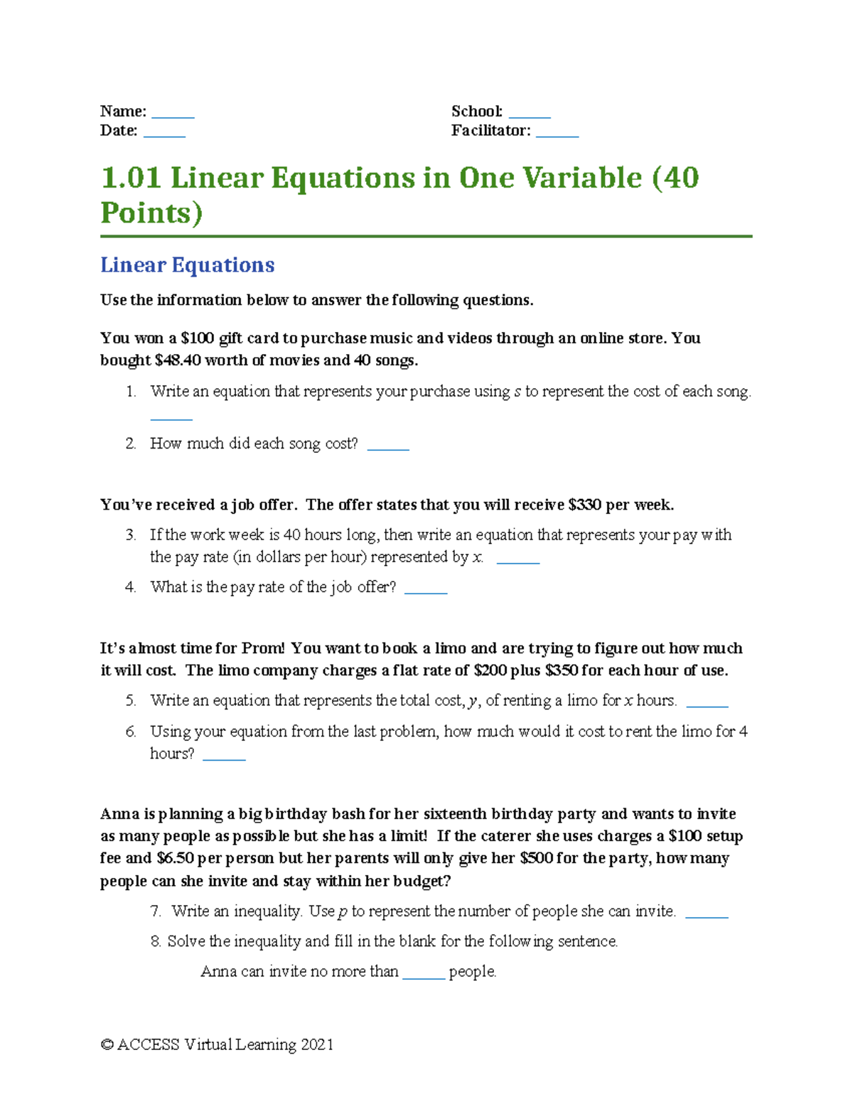 01-01 Linear Equations in One Variable Task - ACCESS Virtual Learning ...