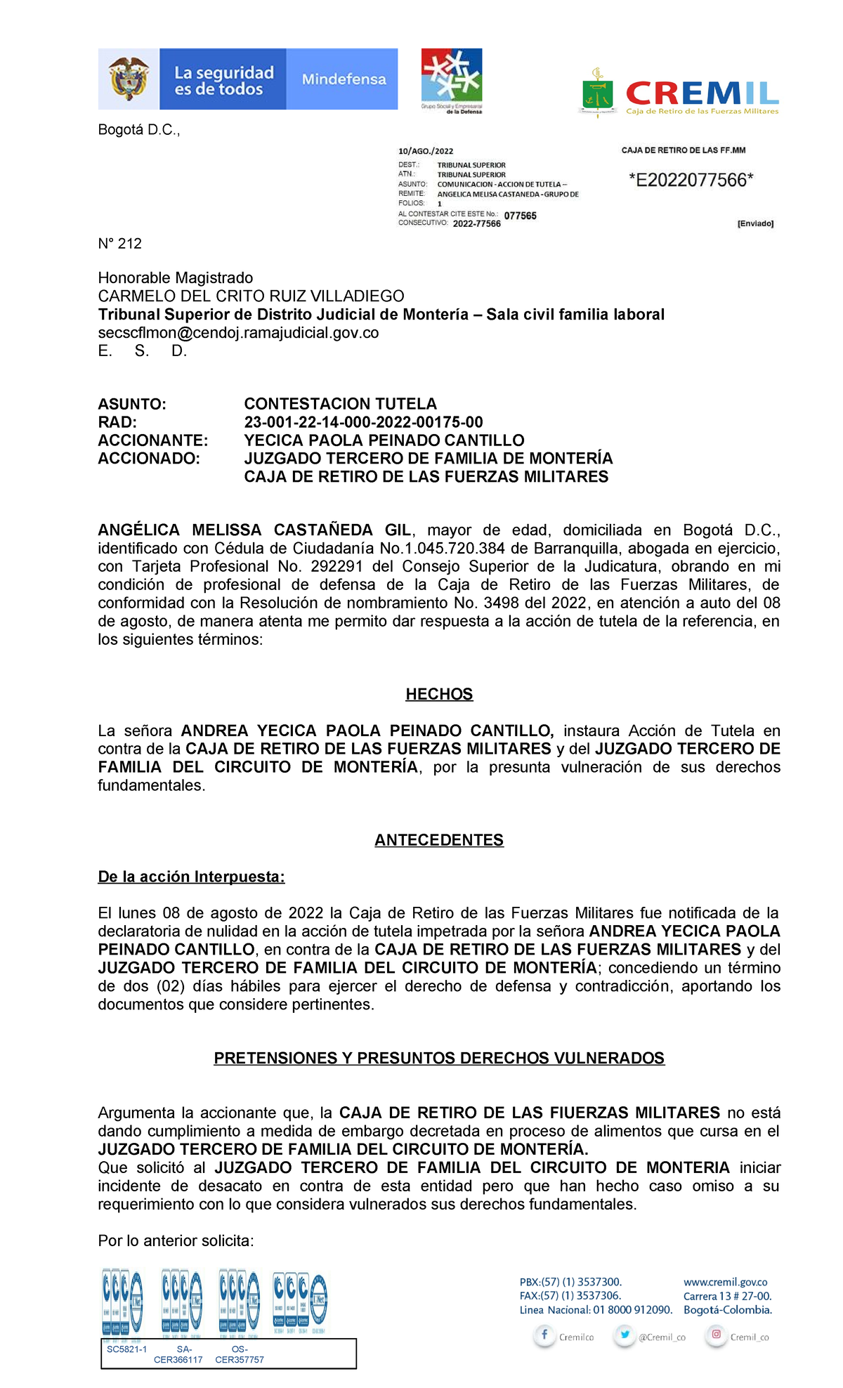Contestación Acción de Tutela 2022077566 - Caja de Retiro Fuerzas ...