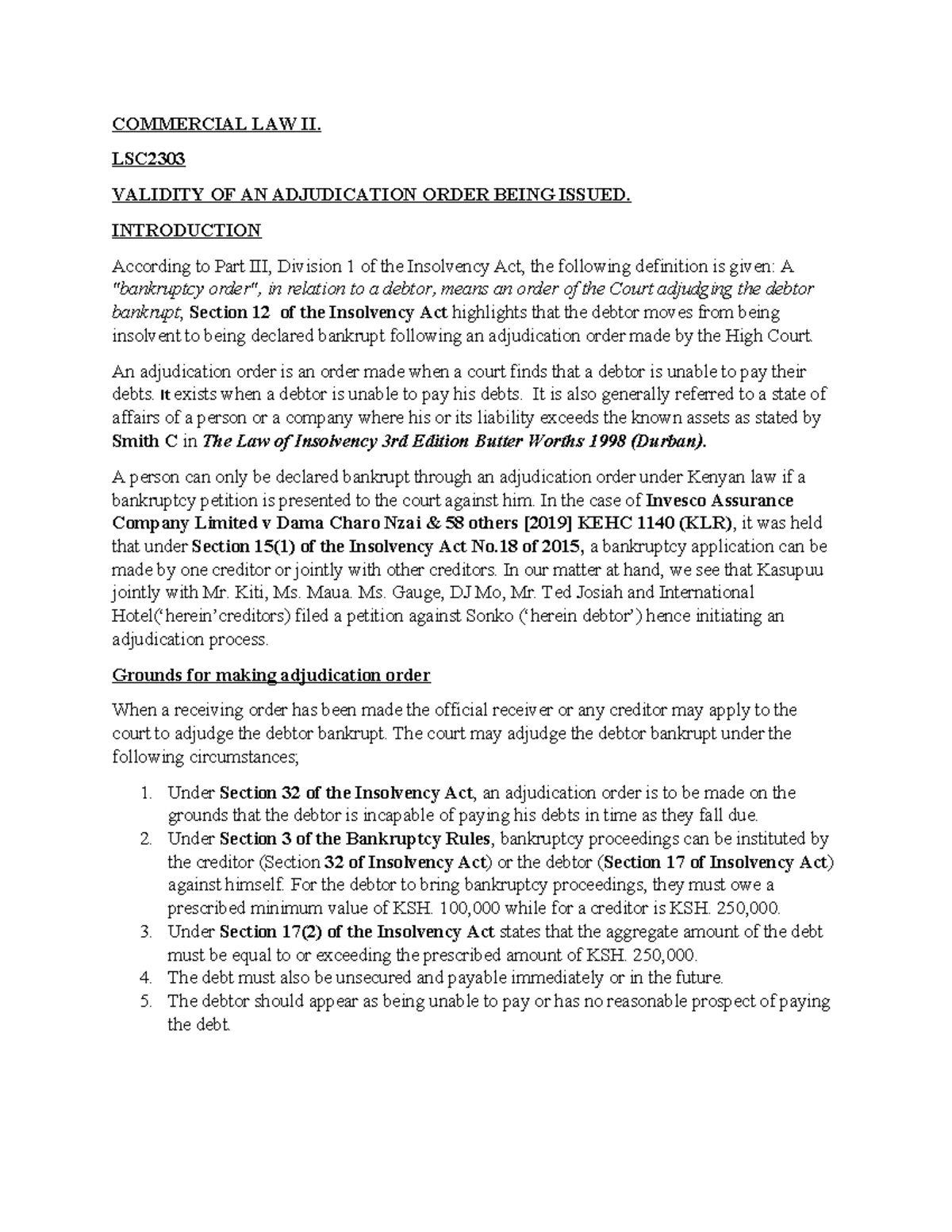 Commercial LAW II - Assignment on Adjudication Orders - Studocu