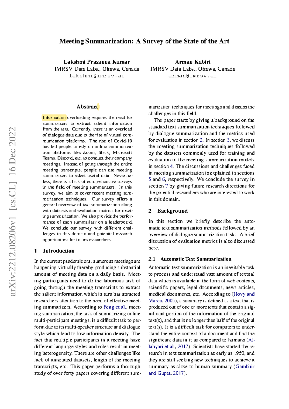 Meeting Summarization Techniques: A Comprehensive Survey (CS-2212 ...