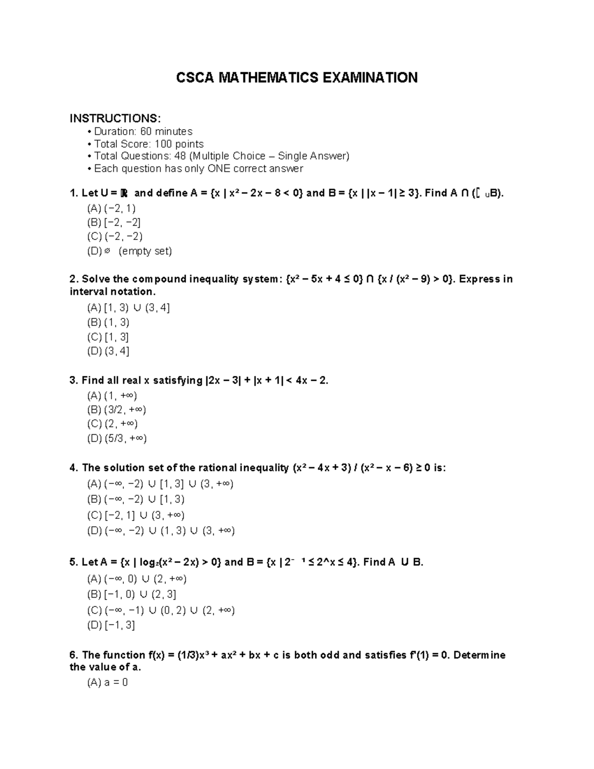 CSCA Mathematics Final Exam Questions - Studocu