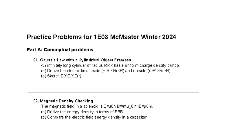 Practice Problems for PHYS 1E03 McMaster Winter 2024: Conceptual ...