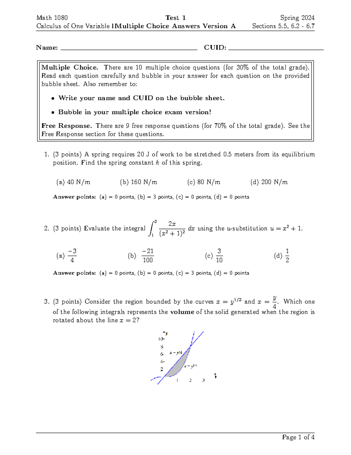 Math 1080 Test 1 Calculus of One Variable II Multiple Choice Answer Key ...