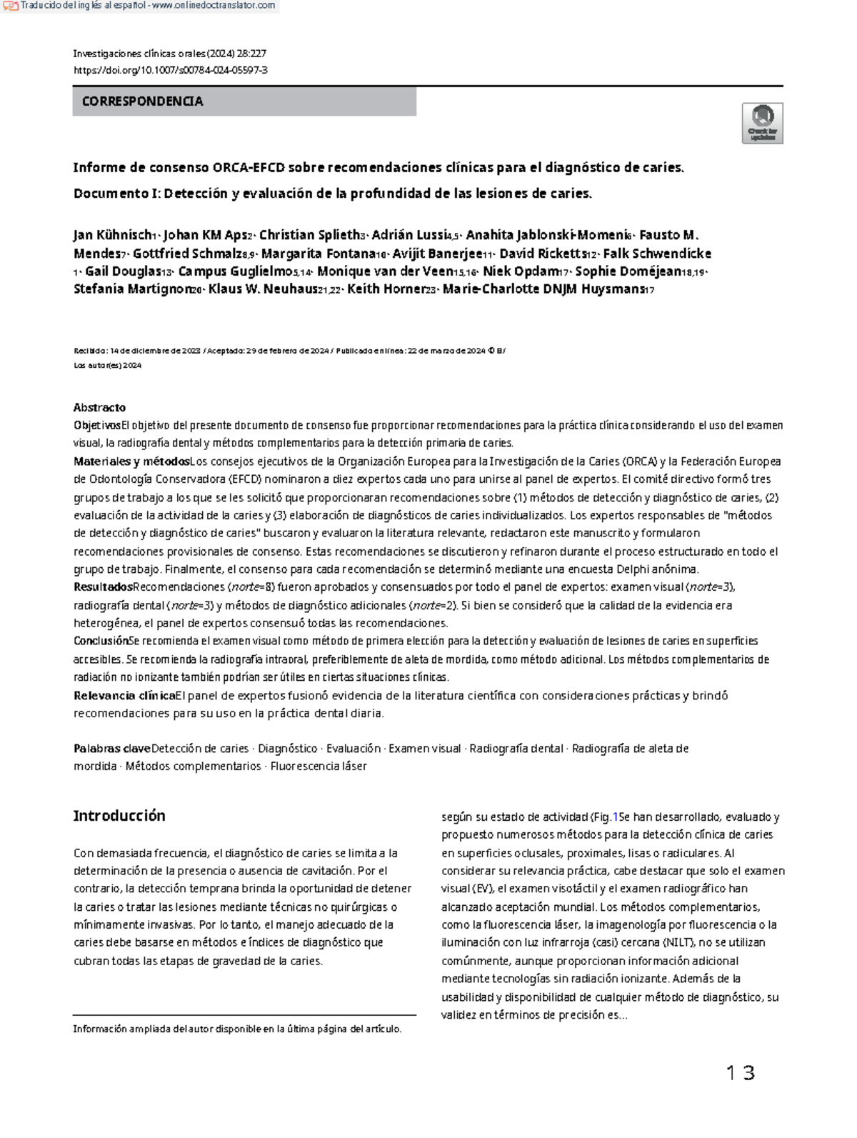 Informe de Consenso ORCA EFCD 2024: Diagnóstico de Caries - Parte I ...