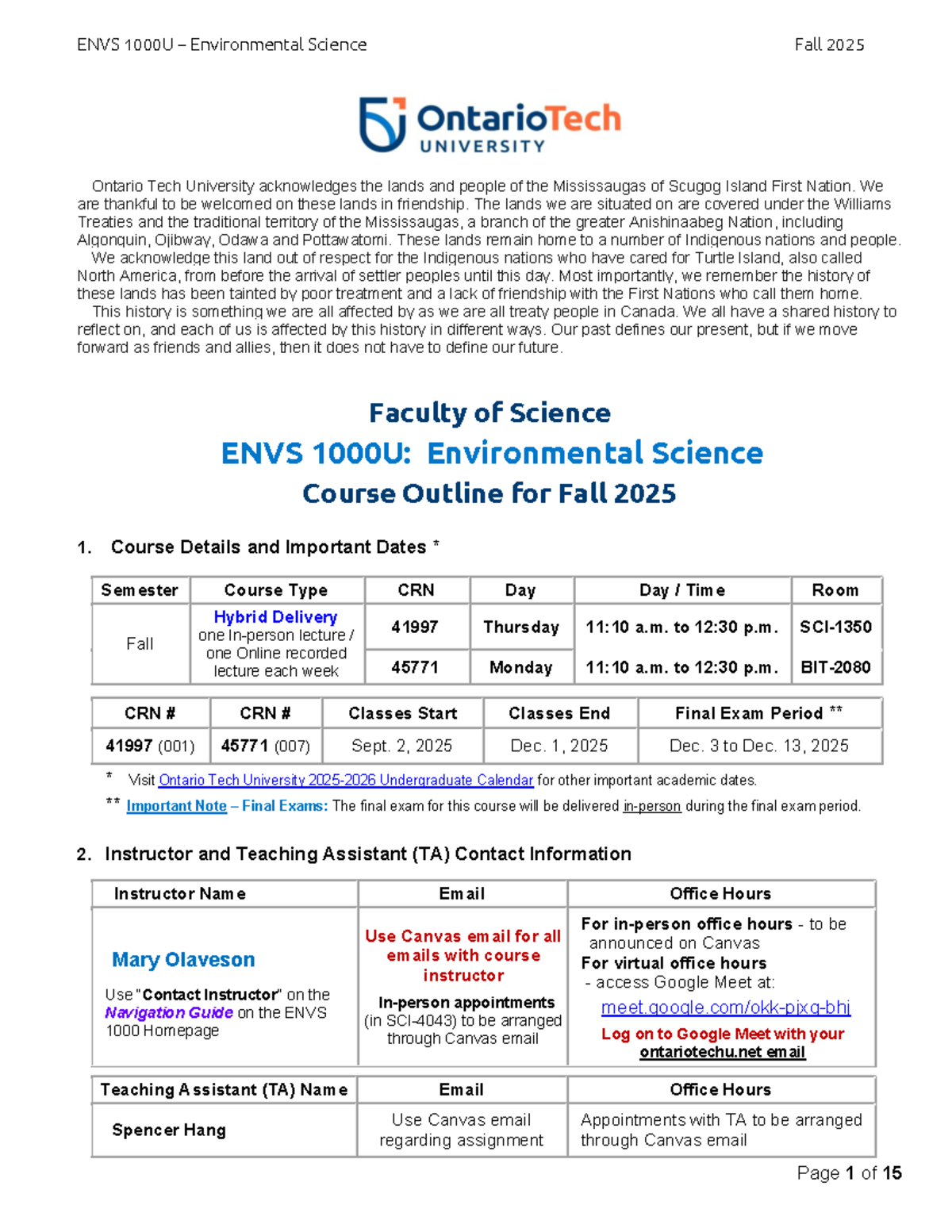 ENVS1000 Environmental Science Course Outline - Fall 2025 - Studocu