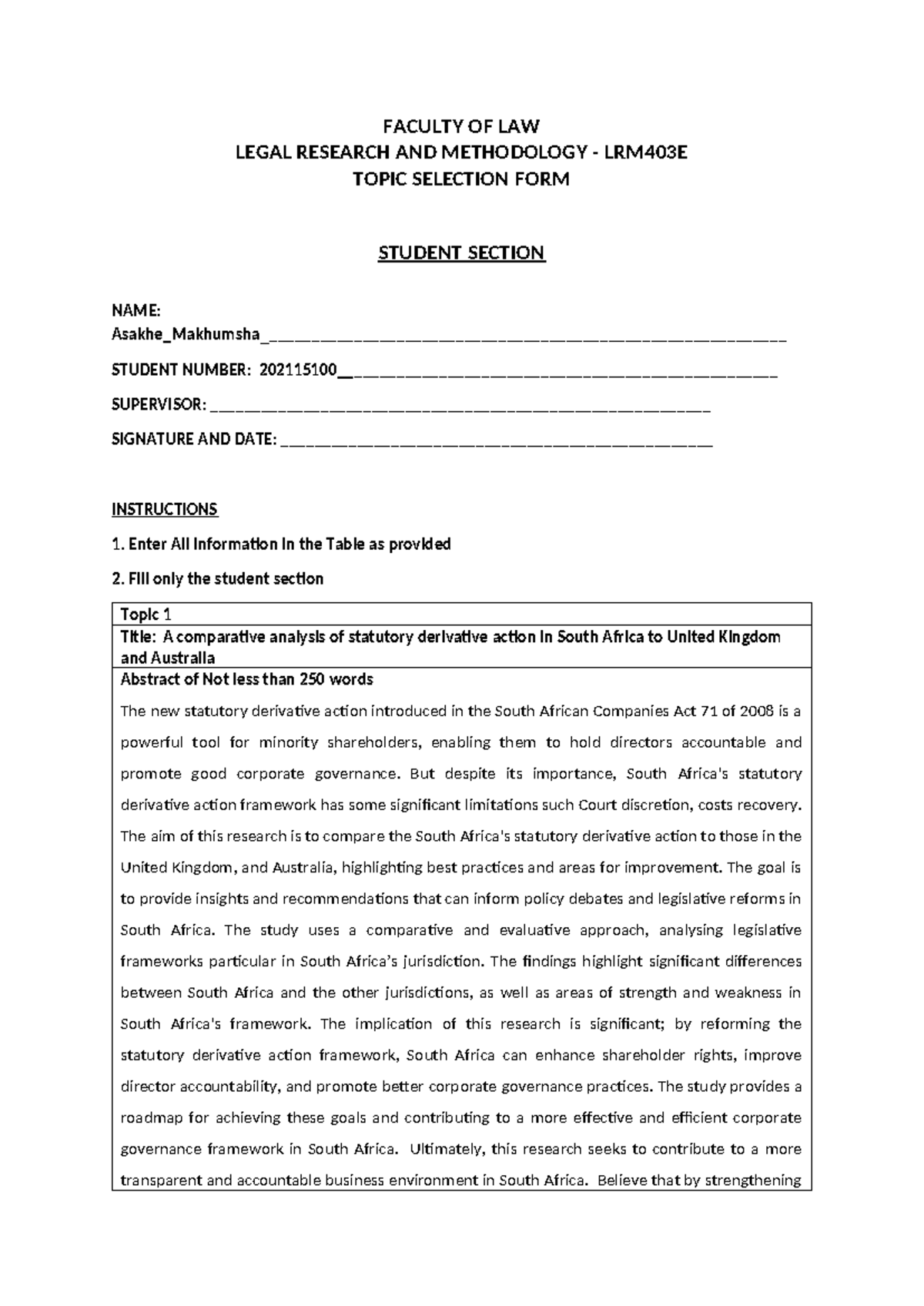 LRM403E: Topic Selection Form and Research Titles for Students - Studocu
