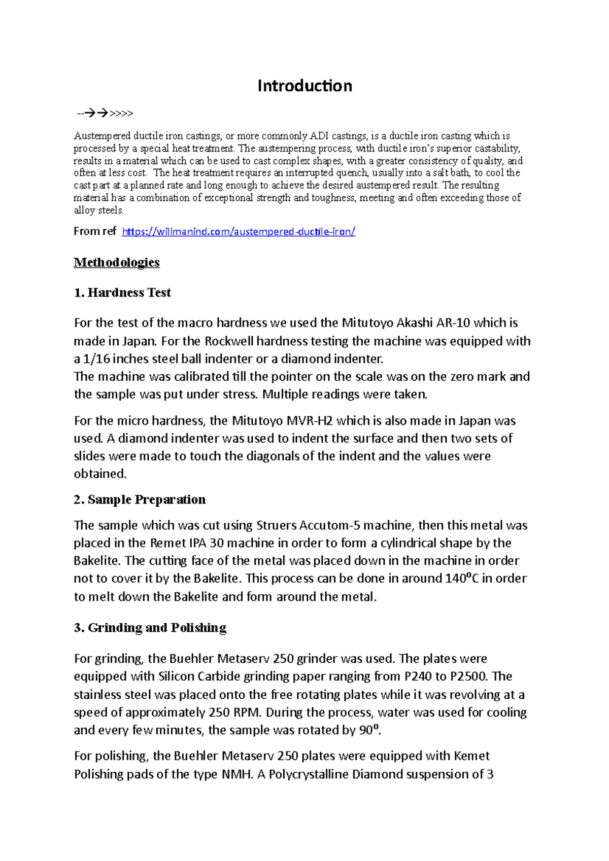 Lab Report: Austempered Ductile Iron (ADI) Testing Methods and Analysis ...