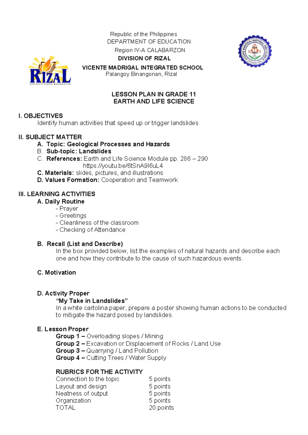Landslide Lesson Plan for Grade 11 - Earth and Life Science DLP - Studocu