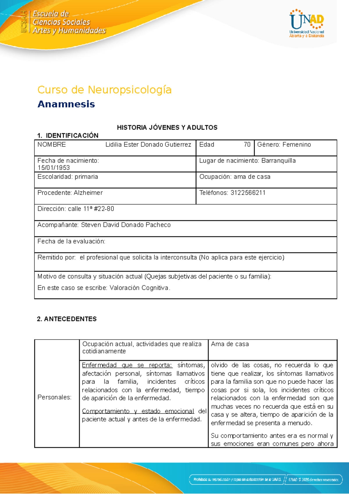 Anexo 2- Anamnesis - trabajo amnesis - Curso de Neuropsicología ...