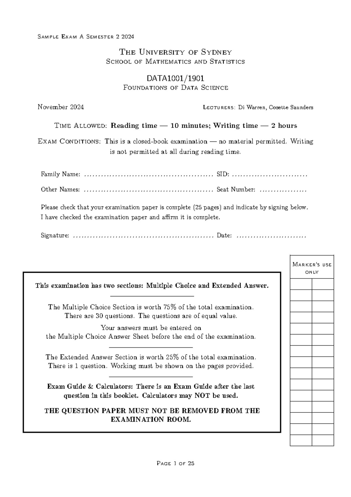 Sample Exam DATA1001 Foundations of Data Science Semester 2 2024 - Studocu