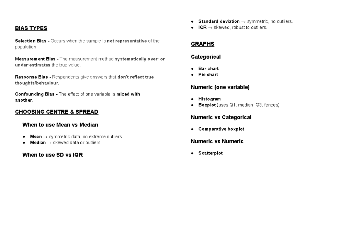 Test Notes - STAT1250: Bias Types, Hypothesis Testing & Regression ...