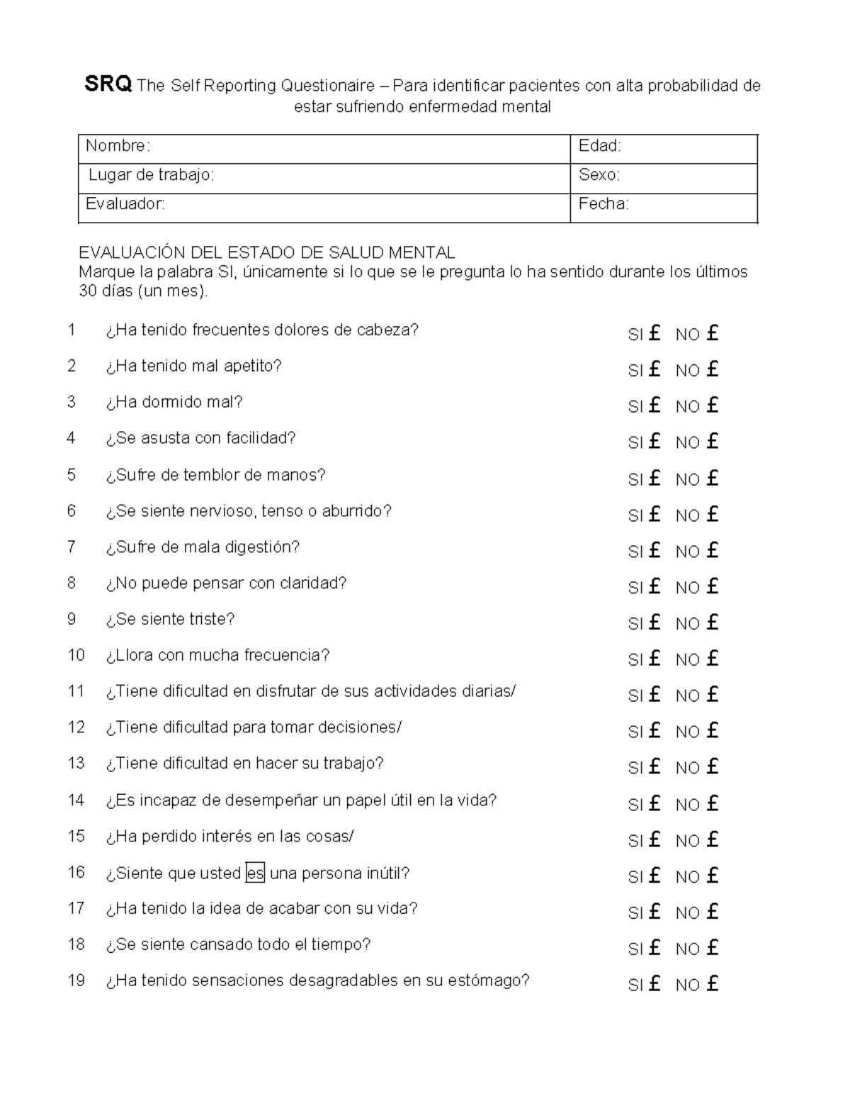 Cuestionario SRQ - Autoevaluación de Salud Mental y Riesgo Psicológico ...