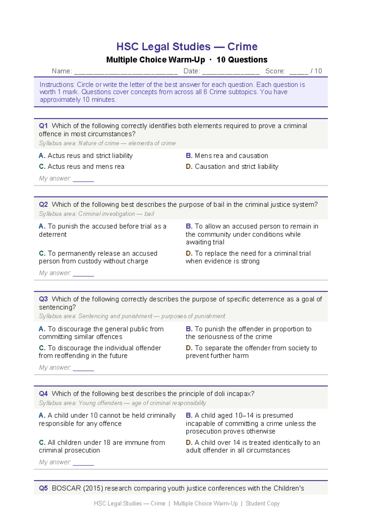 HSC Legal Studies Crime MCQ Practice Questions and Answer Key - Studocu