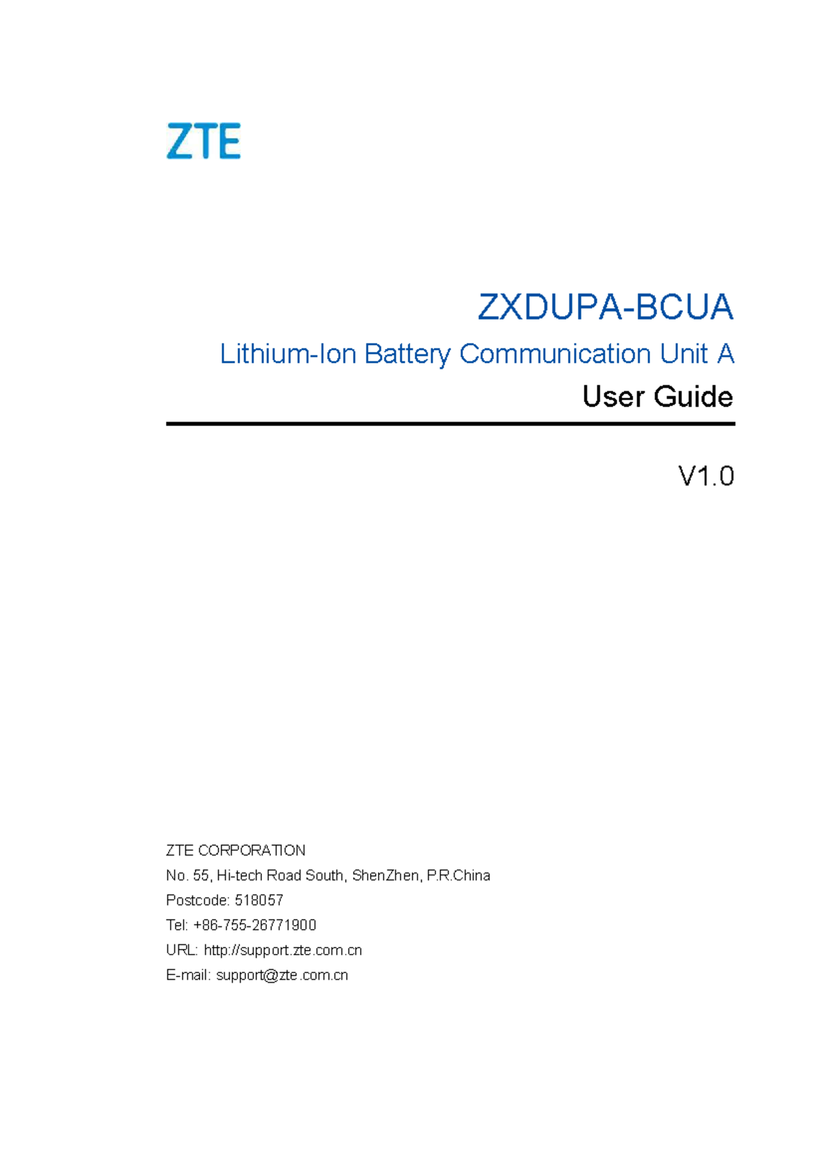 Zxdupa BCUA Lithium Ion Battery Communication Unit User Guide V1.0 ...