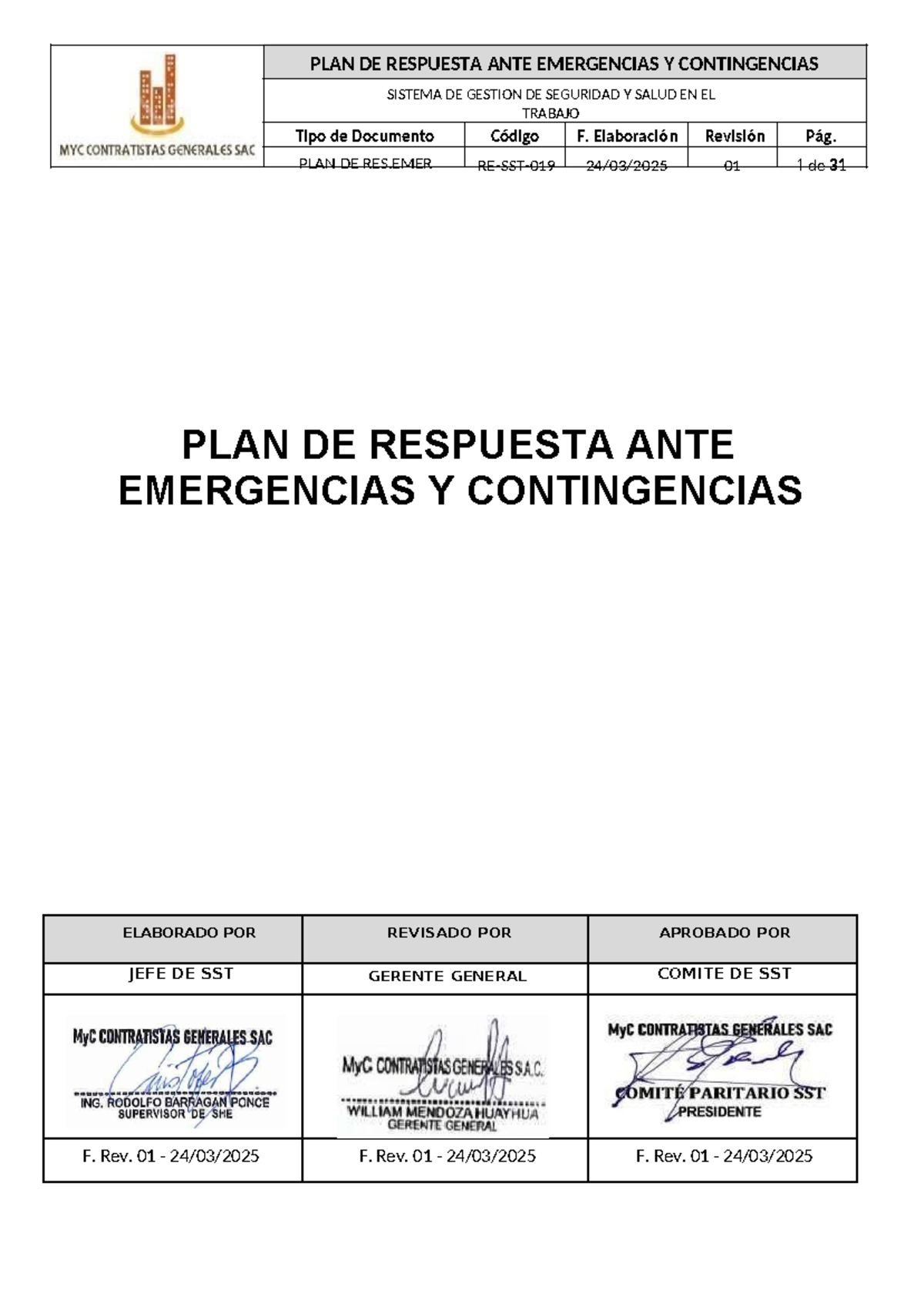 PLAN DE Respuesta ANTE Emergencias Y Contingencias - MYC - SISTEMA DE ...