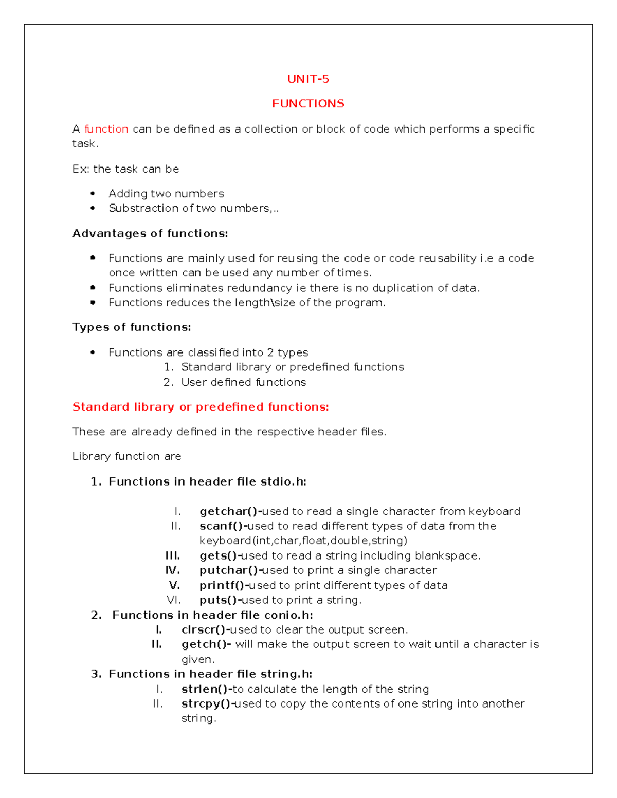 UNIT-5 - UNIT- FUNCTIONS A function can be defined as a collection or ...