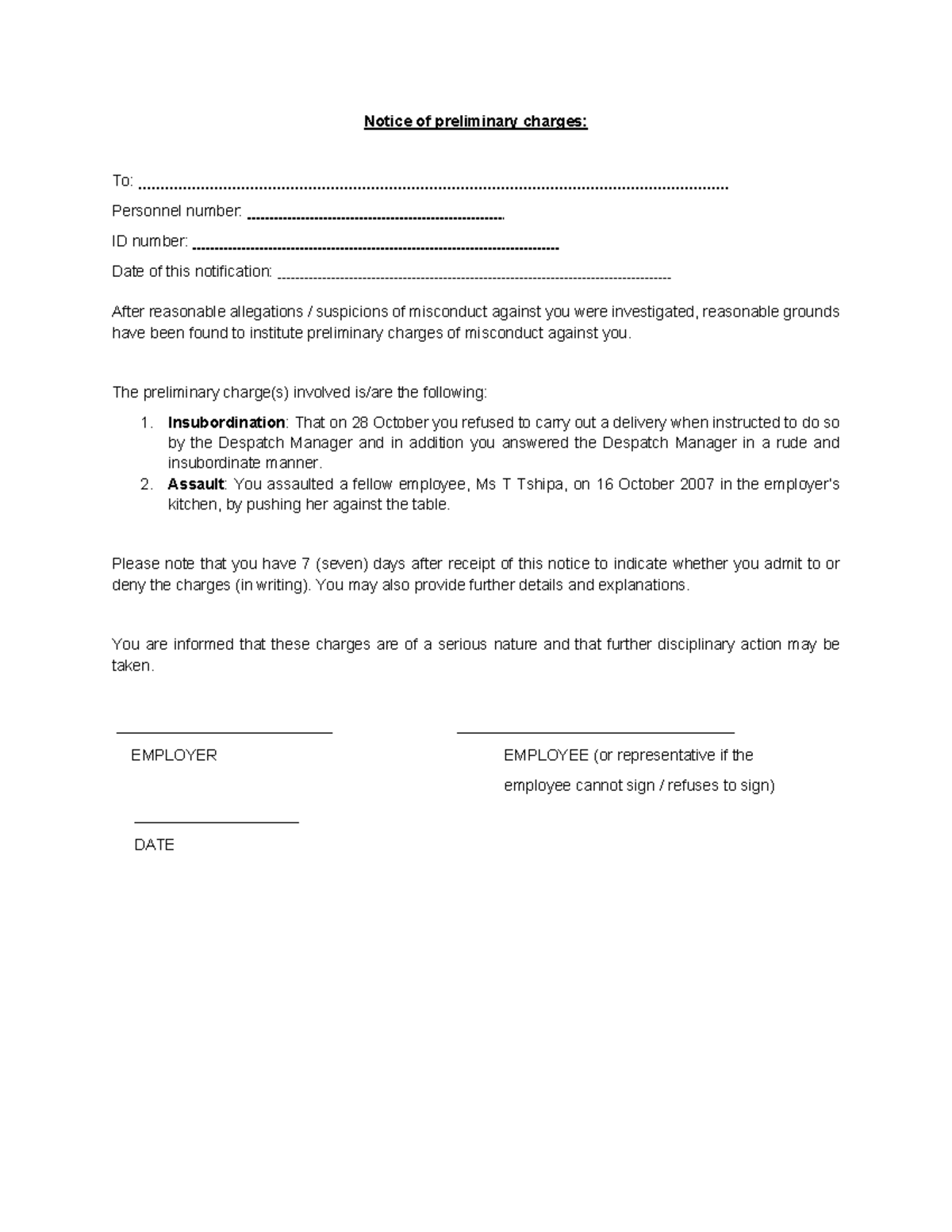 Preliminary Misconduct Charges - Notice and Response Instructions - Studocu