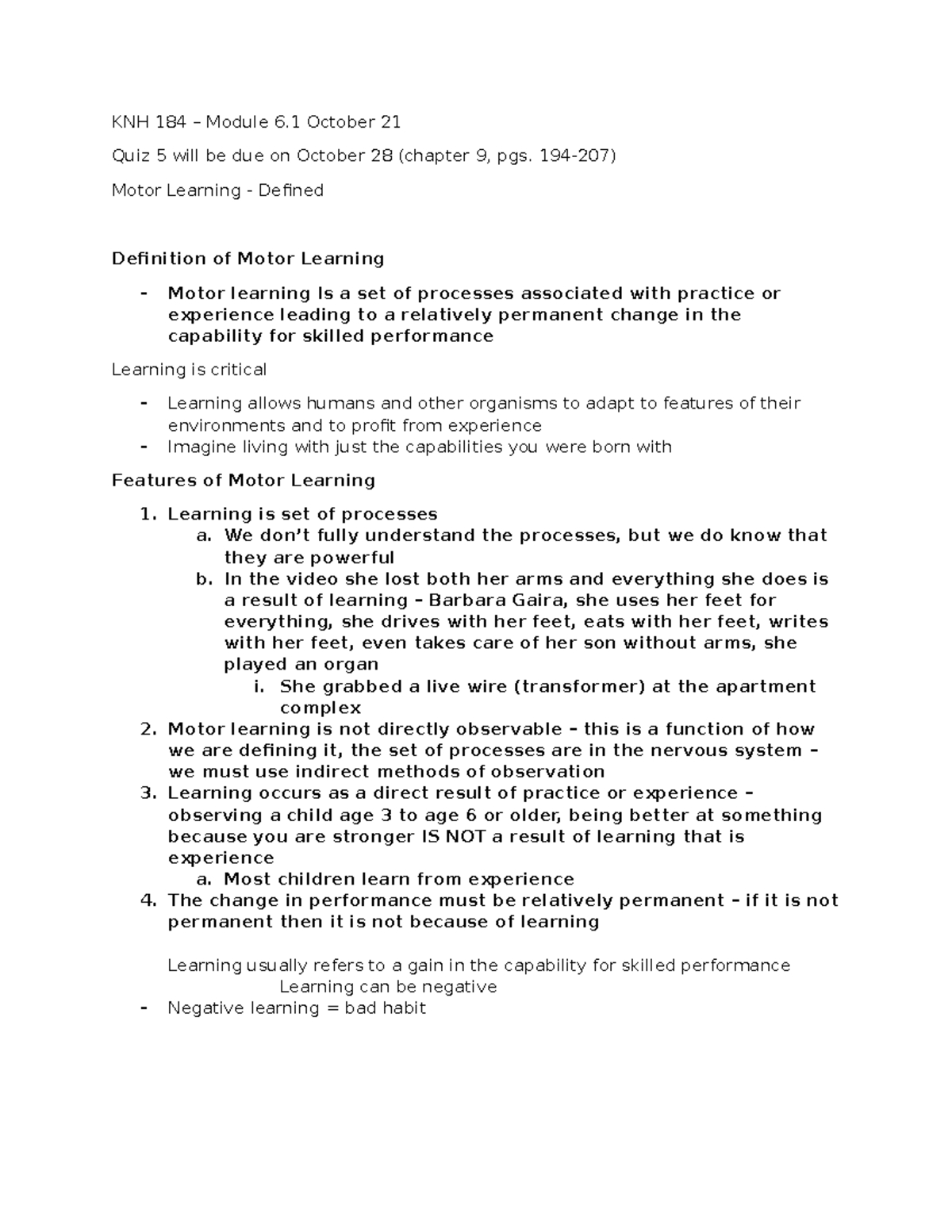 KNH 184 module 6.1 and 6 - measurement of motor learning and motor ...