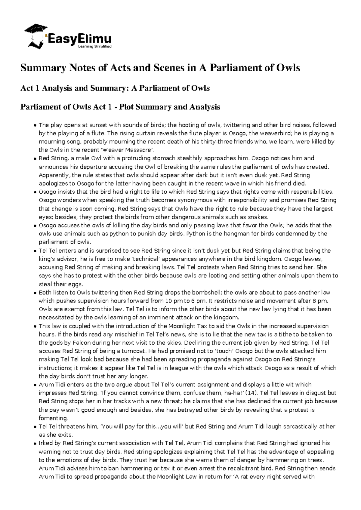 Summary Notes on A Parliament of Owls: Act 1-5 Analysis (192) - Document Preview