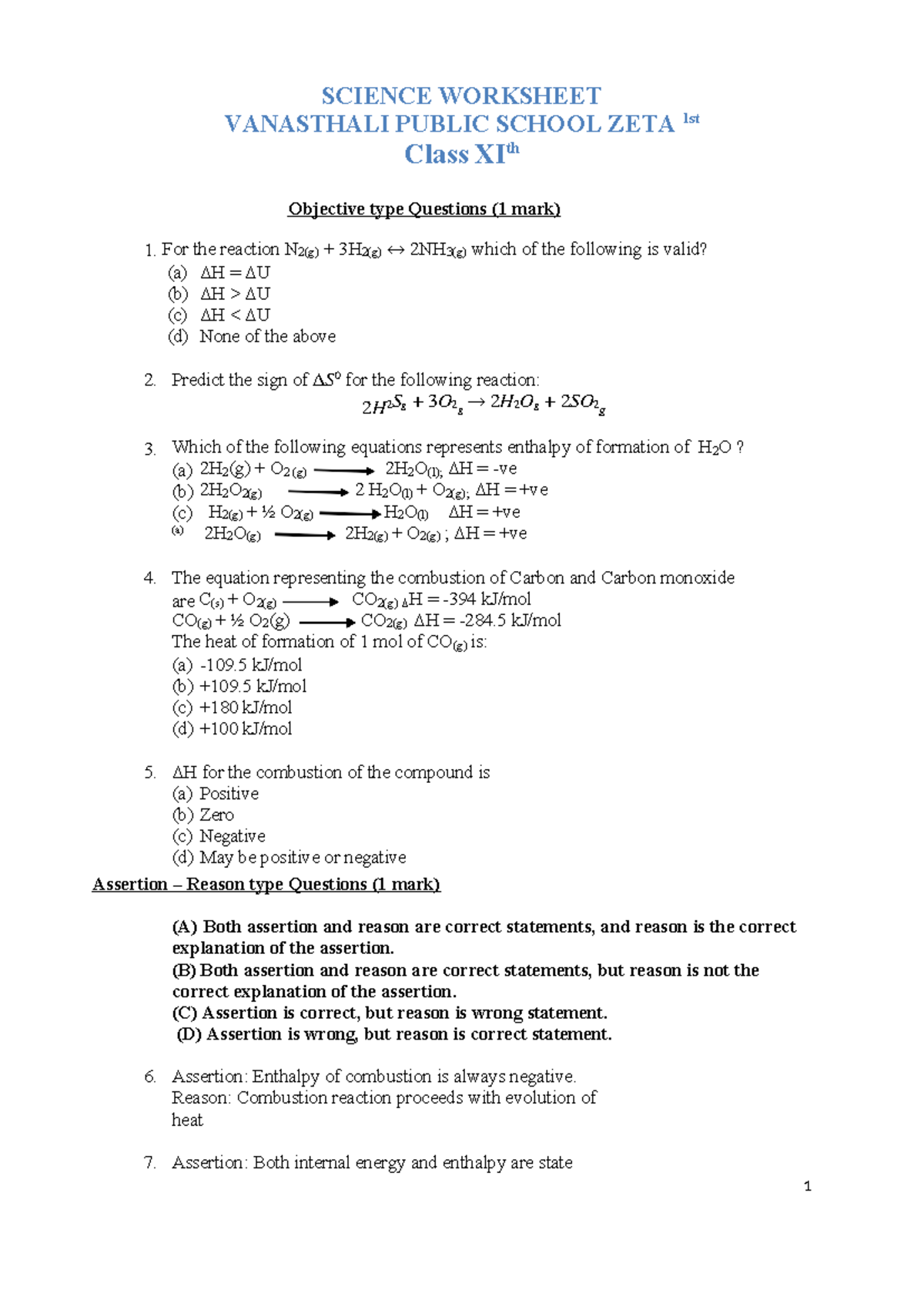 Class 11 Science Worksheet: Objective & Assertion-Reason Questions ...