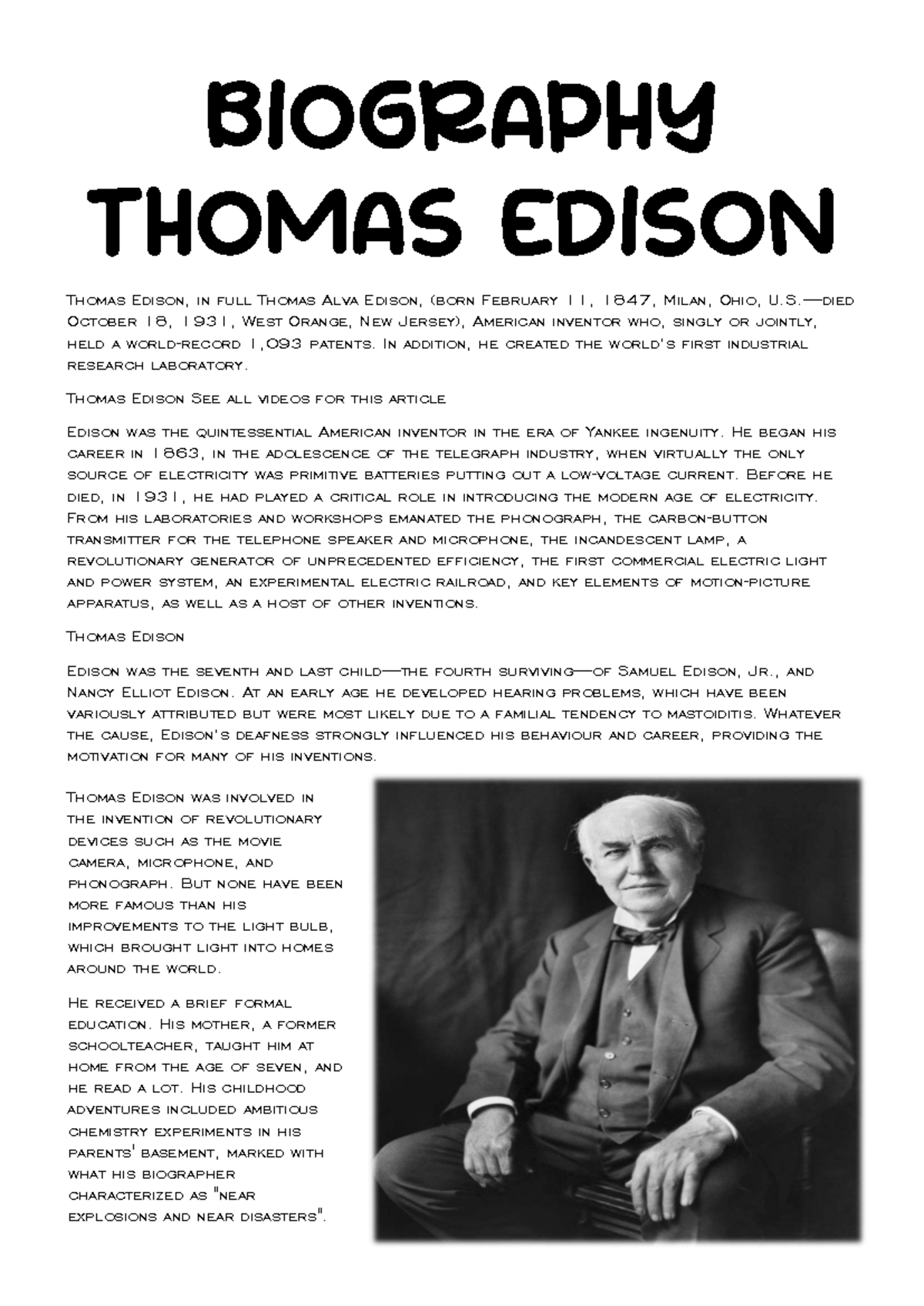Biography of Thomas Edison: The Quintessential American Inventor - Studocu