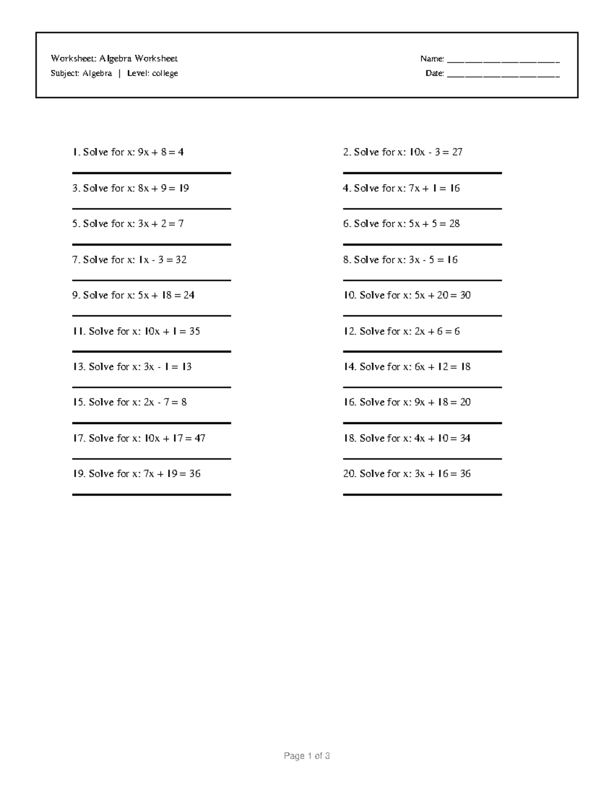 Algebra Worksheet 2: College Level Problems and Solutions - Studocu