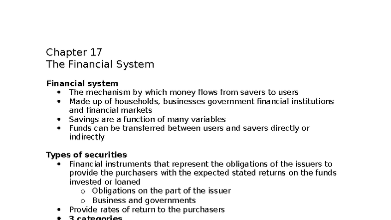 Chapter 17 - The Financial System: Mechanisms and Markets - Studocu