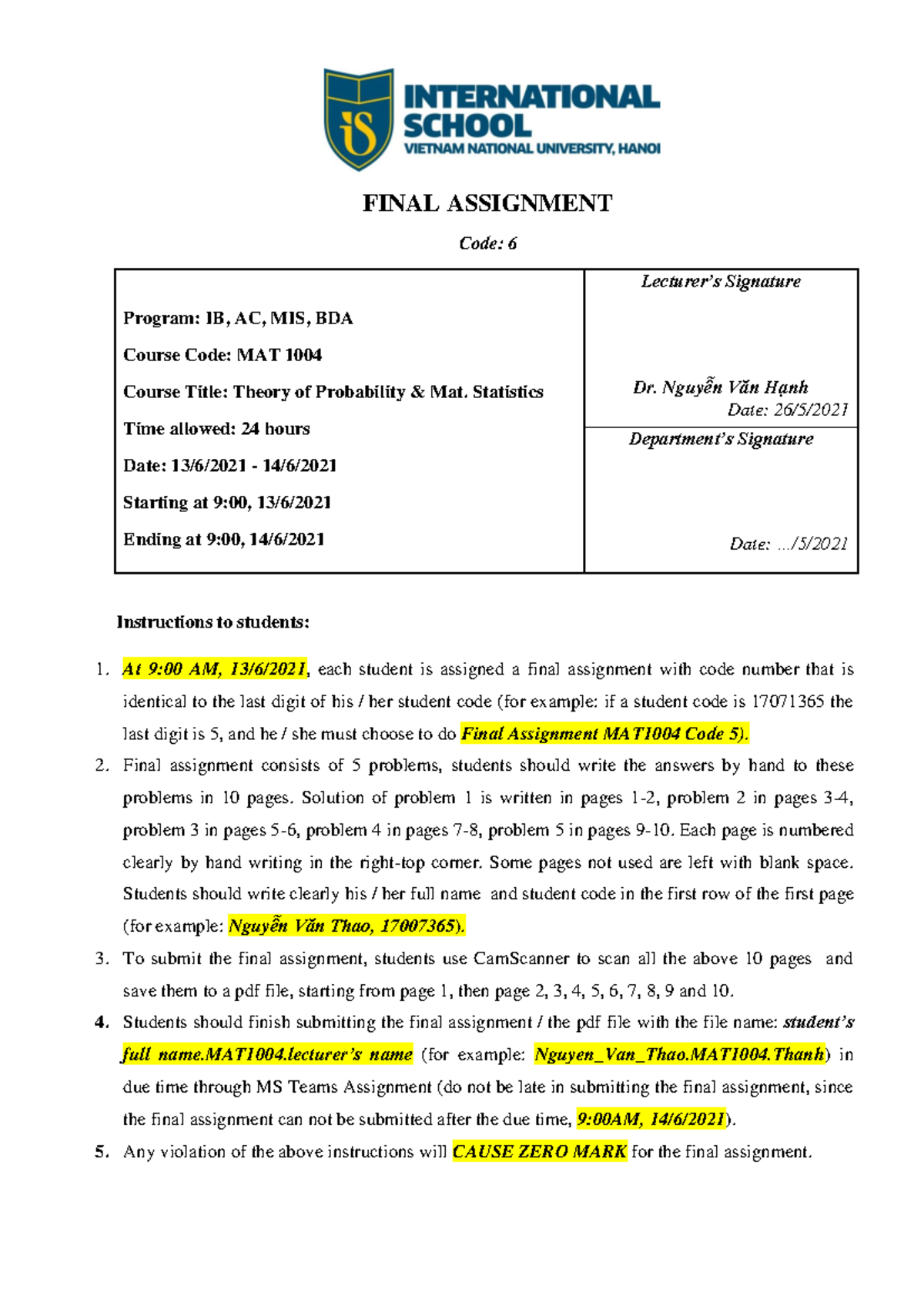 Final Assignment MAT1004: Theory of Probability Code 6 - Studocu