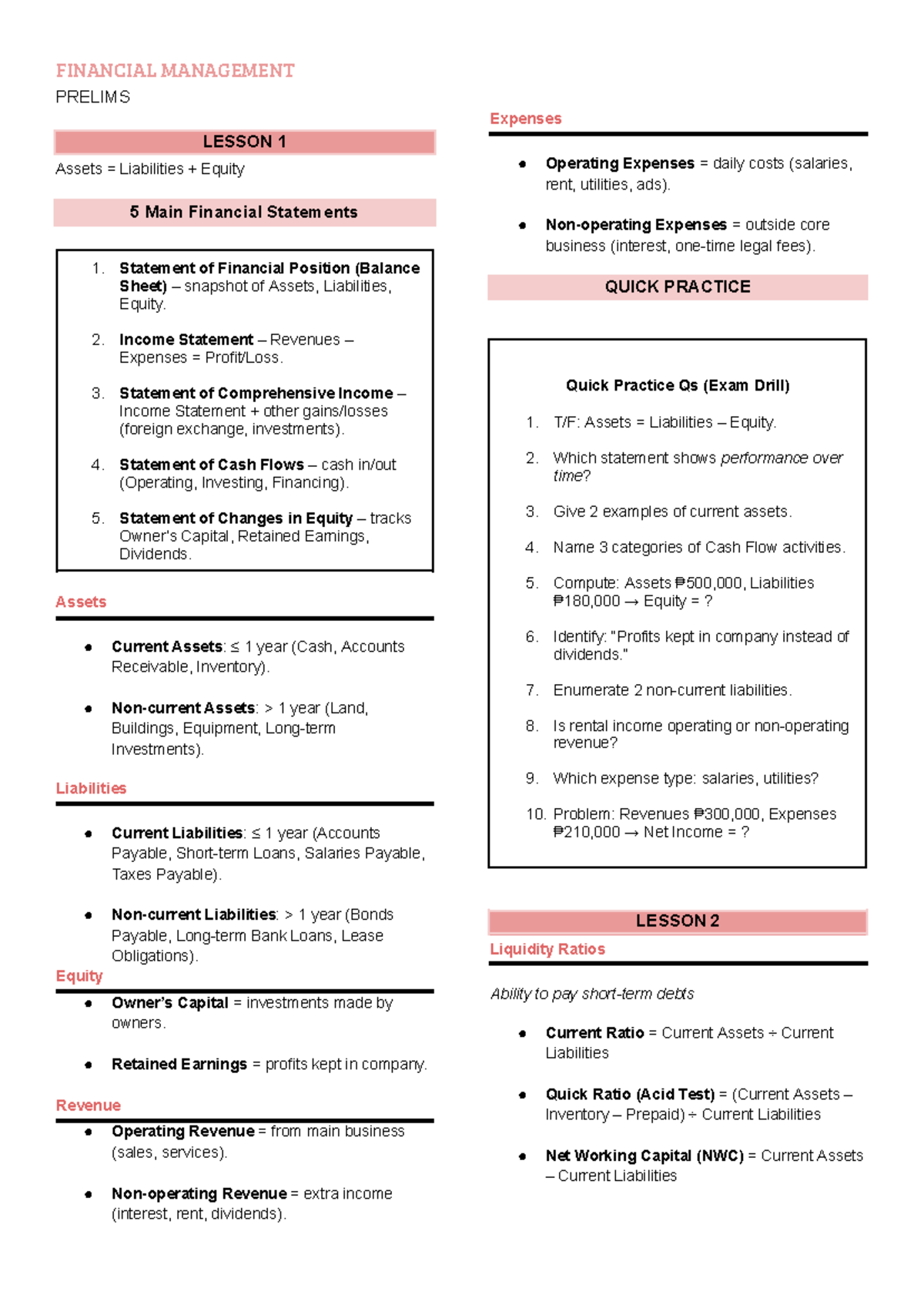 FINANCIAL MANAGEMENT PRELIMS: Key Concepts & Quick Practice - Studocu