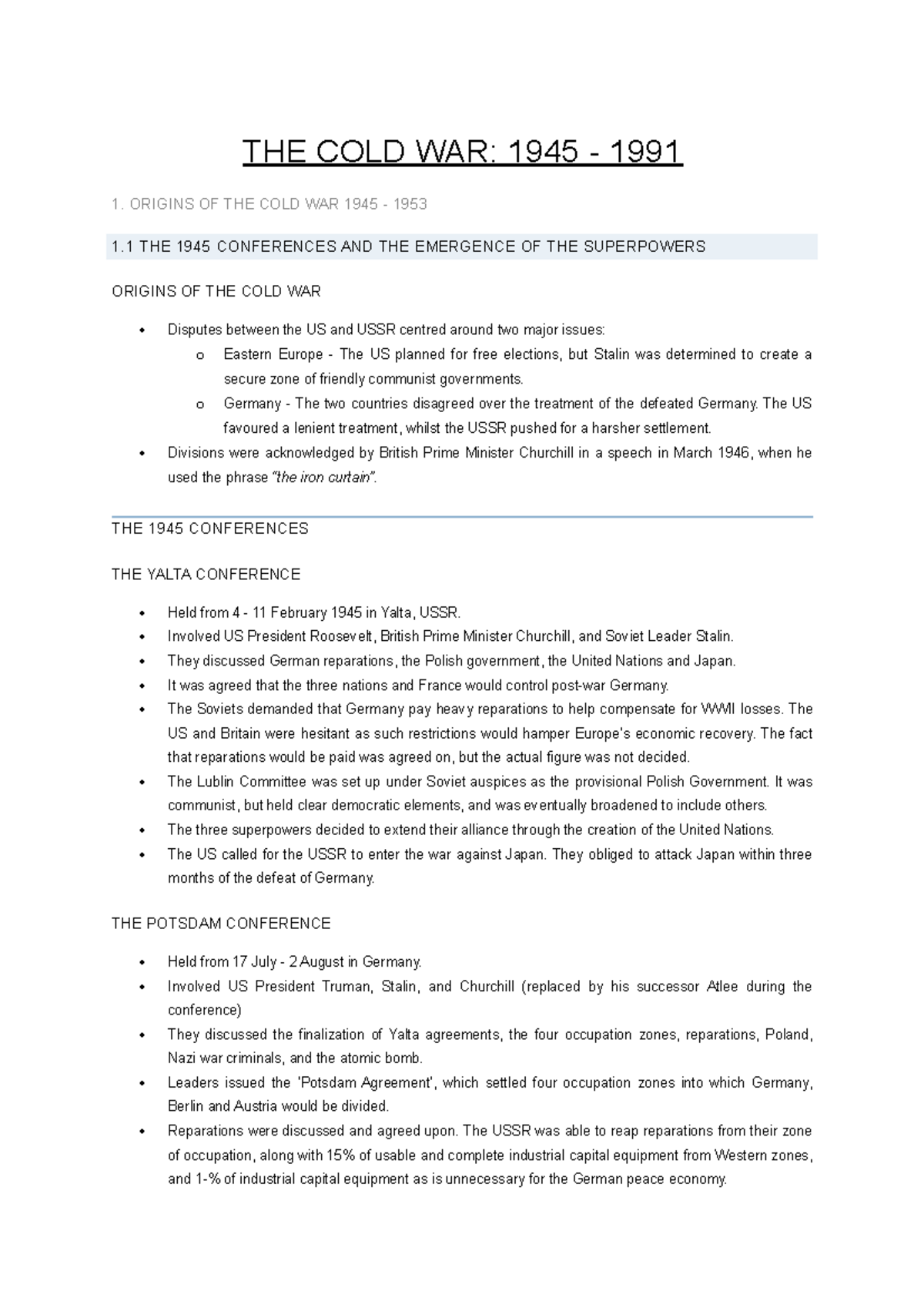 Full Cold War Study Notes HSC: Strategies for Achieving BAND 6 - Studocu