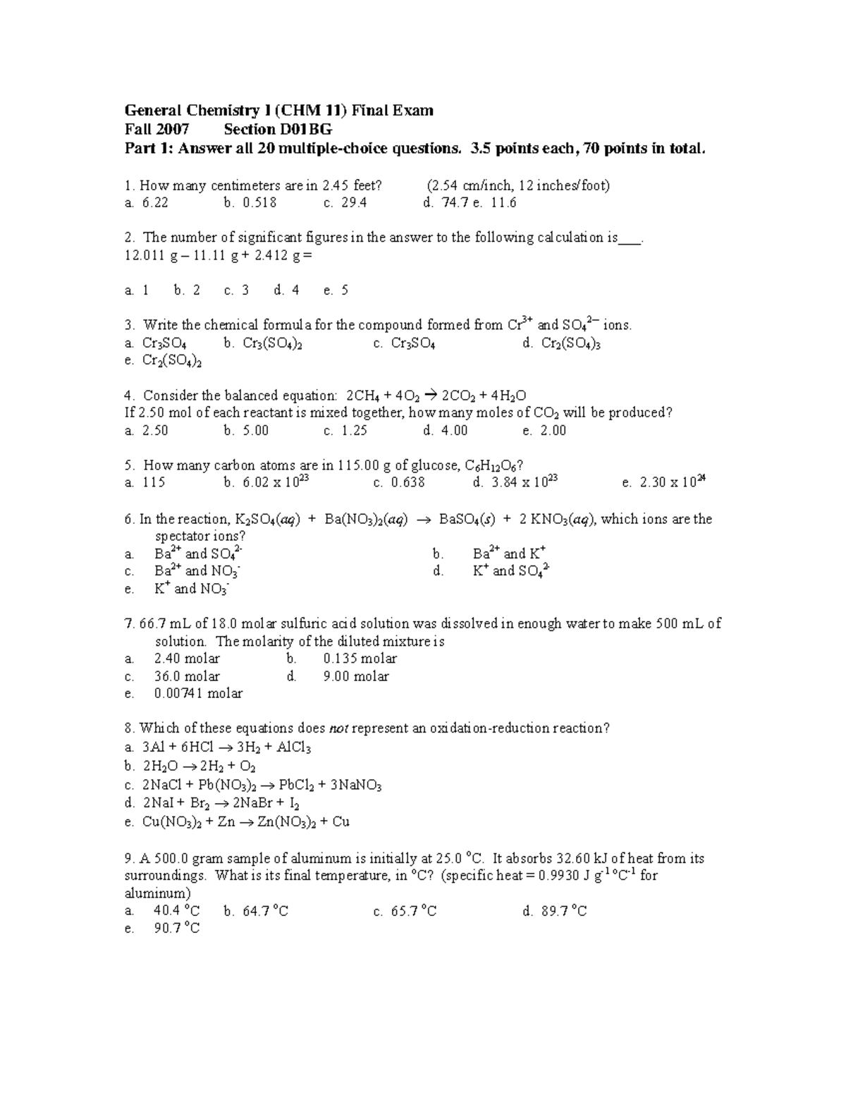Final Exam Review for General Chemistry I (CHM11) - Fall 2007 - Studocu
