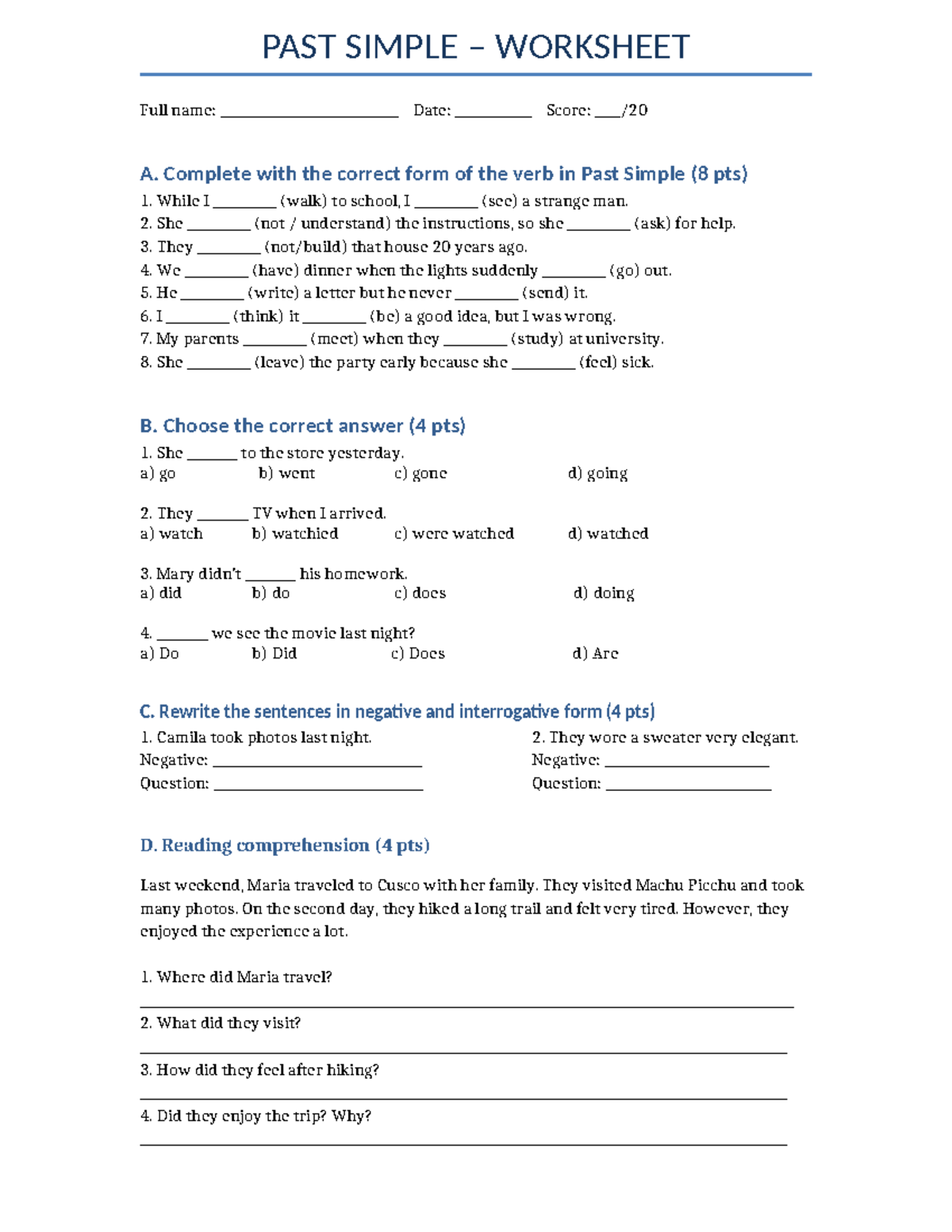 Past Simple Worksheet - Practica Calificada - Studocu