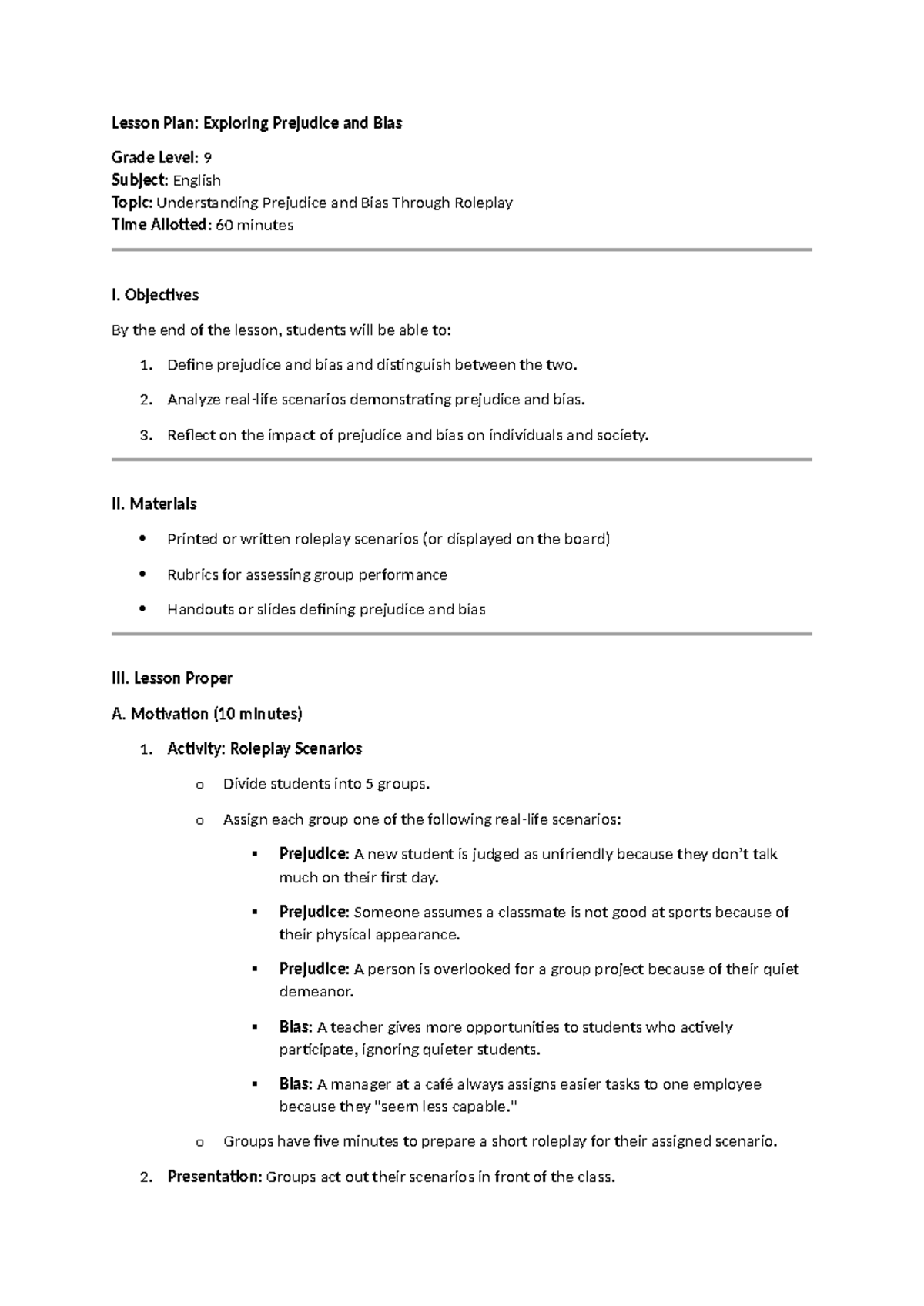 Grade 9 English Lesson Plan: Understanding Prejudice & Bias - Studocu