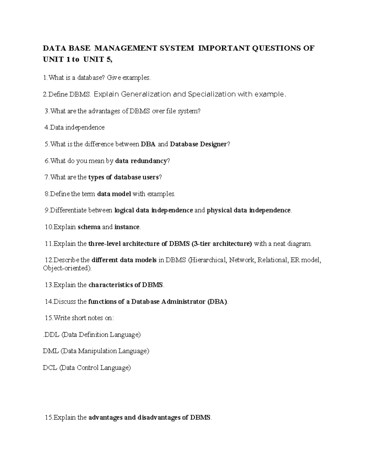 DBMS Important Questions: Unit 1 to Unit 5 Review Guide - Studocu