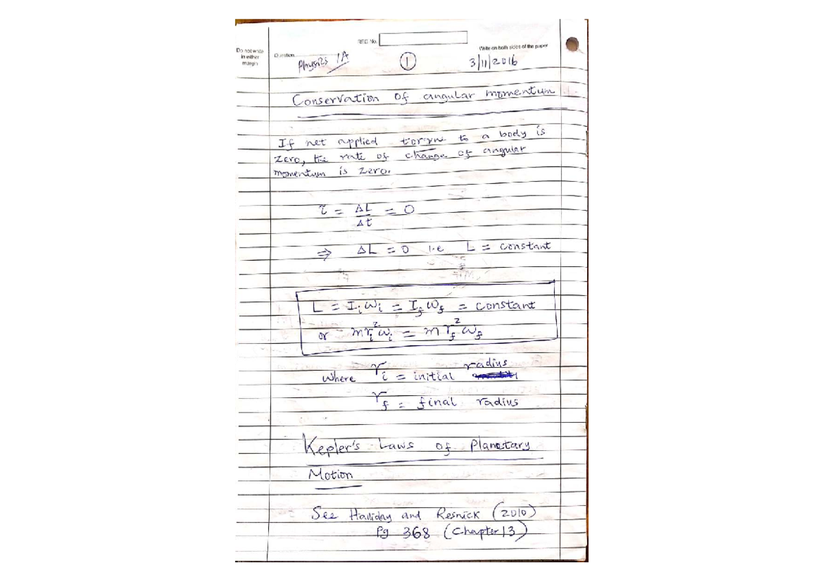 Physics 1A: Conservation of Angular Momentum & Planetary Motion Notes ...