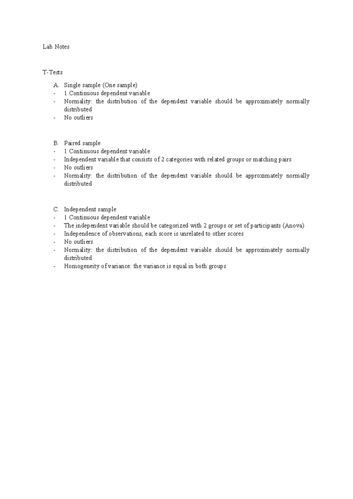 Lab Extra-Notes - LAB Notes - Lab Notes T-Tests A. Single sample (One ...