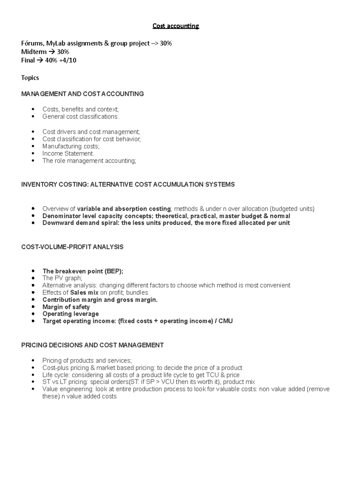 Cost Accounting (ACCT 101): Midterm & Final Exam Study Guide - Studocu