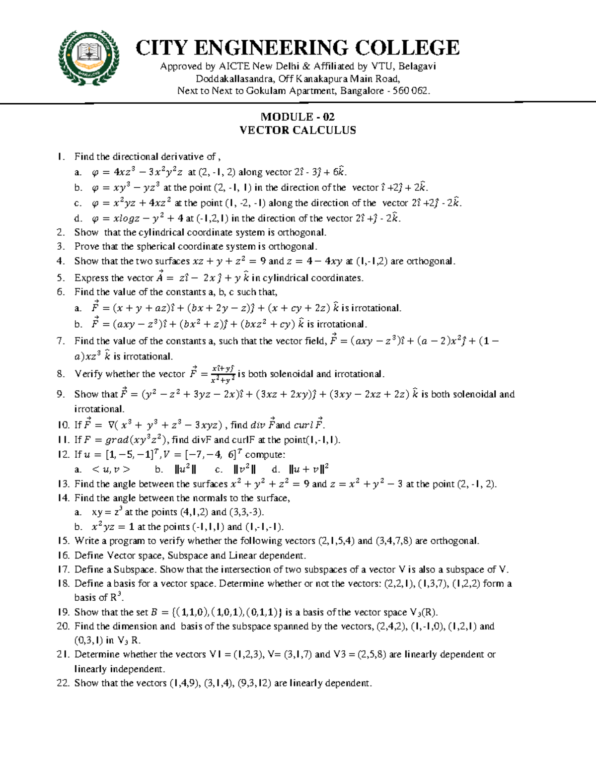MODULE 02 VECTOR CALCULUS - Question Bank (QB) - Studocu