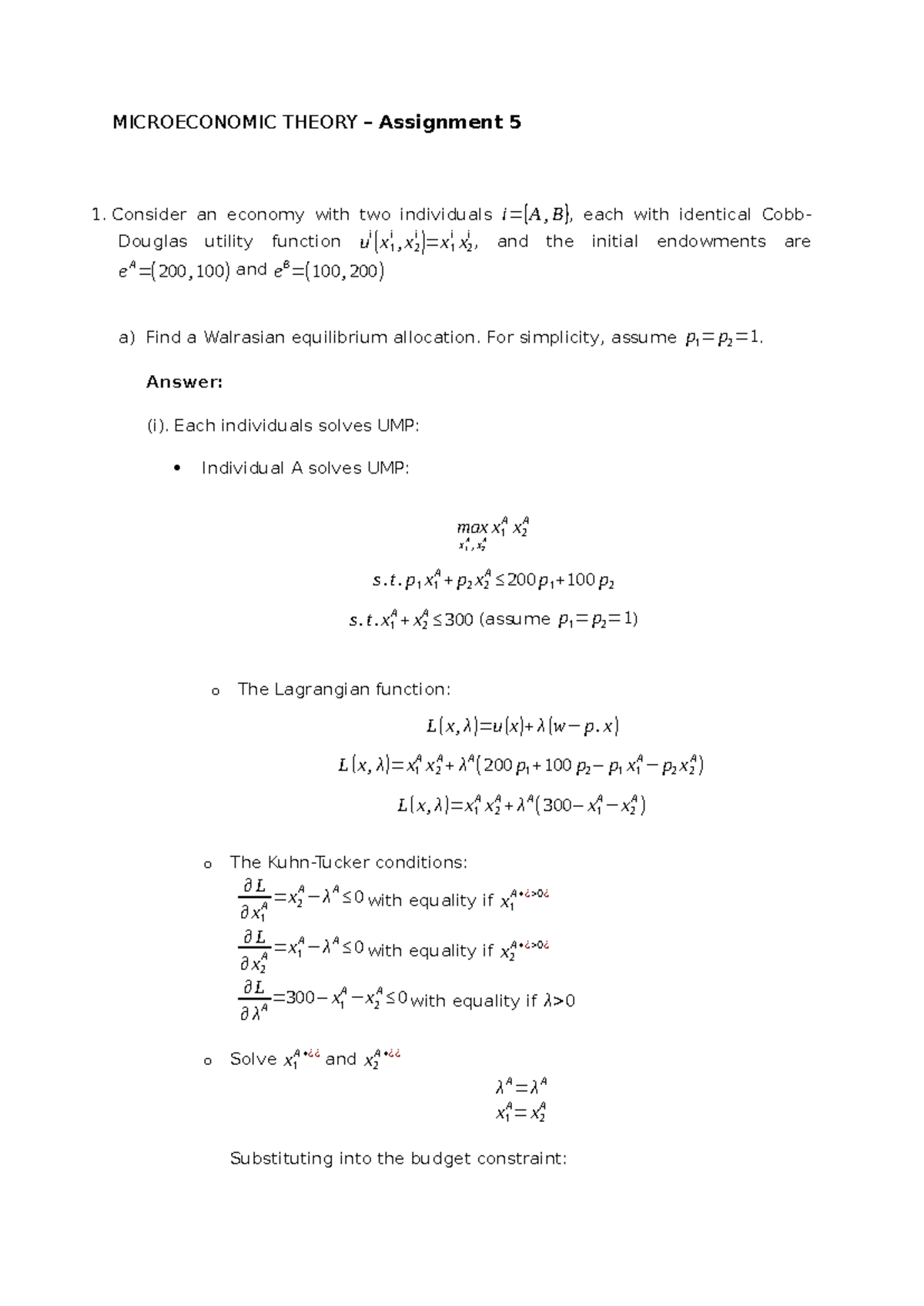 Microeconomic Theory - Assignment 5 Solutions for Individuals A & B ...