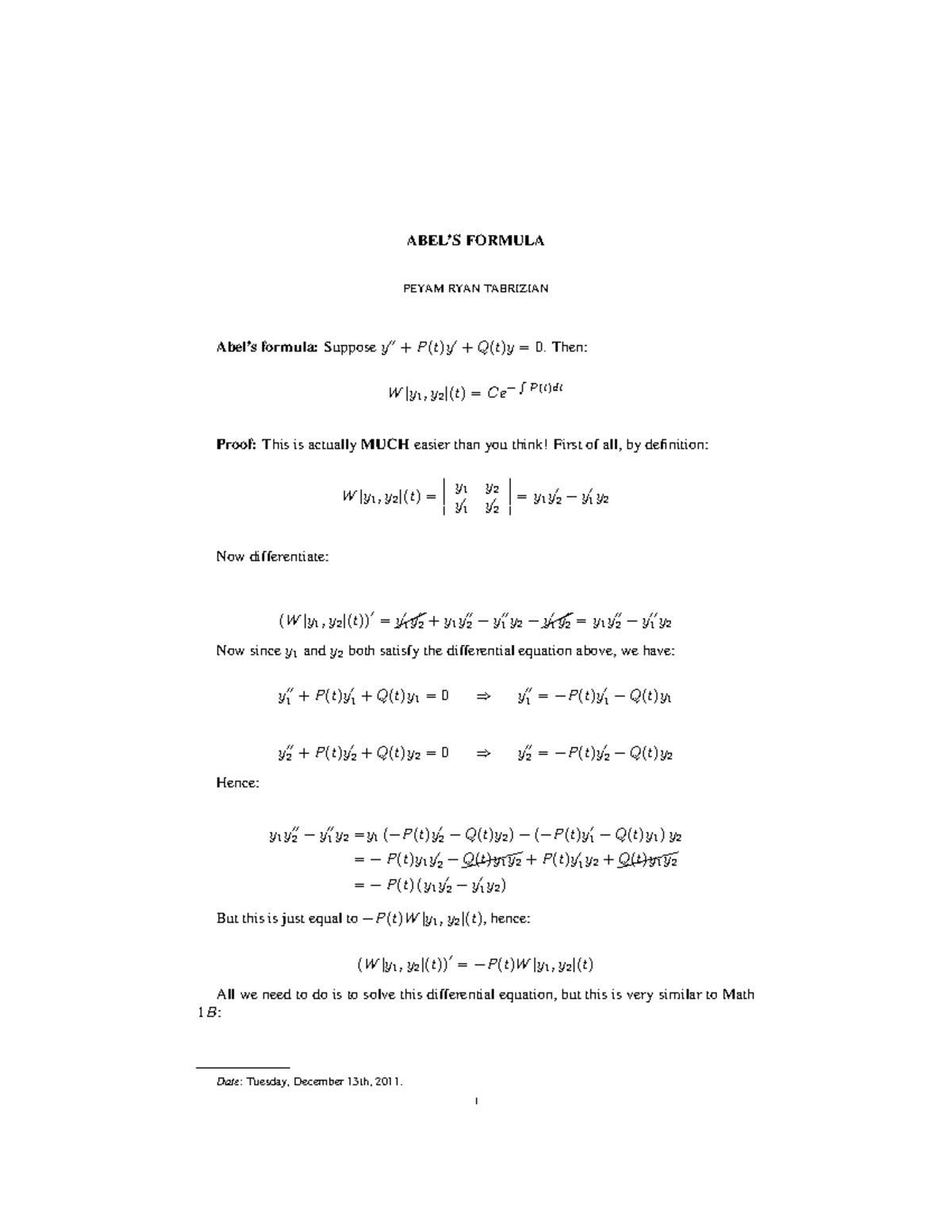 Abel's Formula: Differential Equations and Proof - Math 1B Notes - Studocu