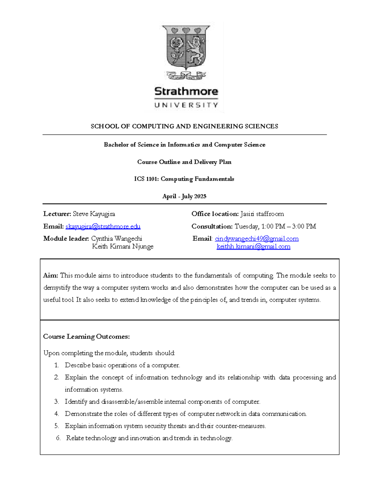 ICS 1101: Computing Fundamentals Course Outline - April to July 2025 ...