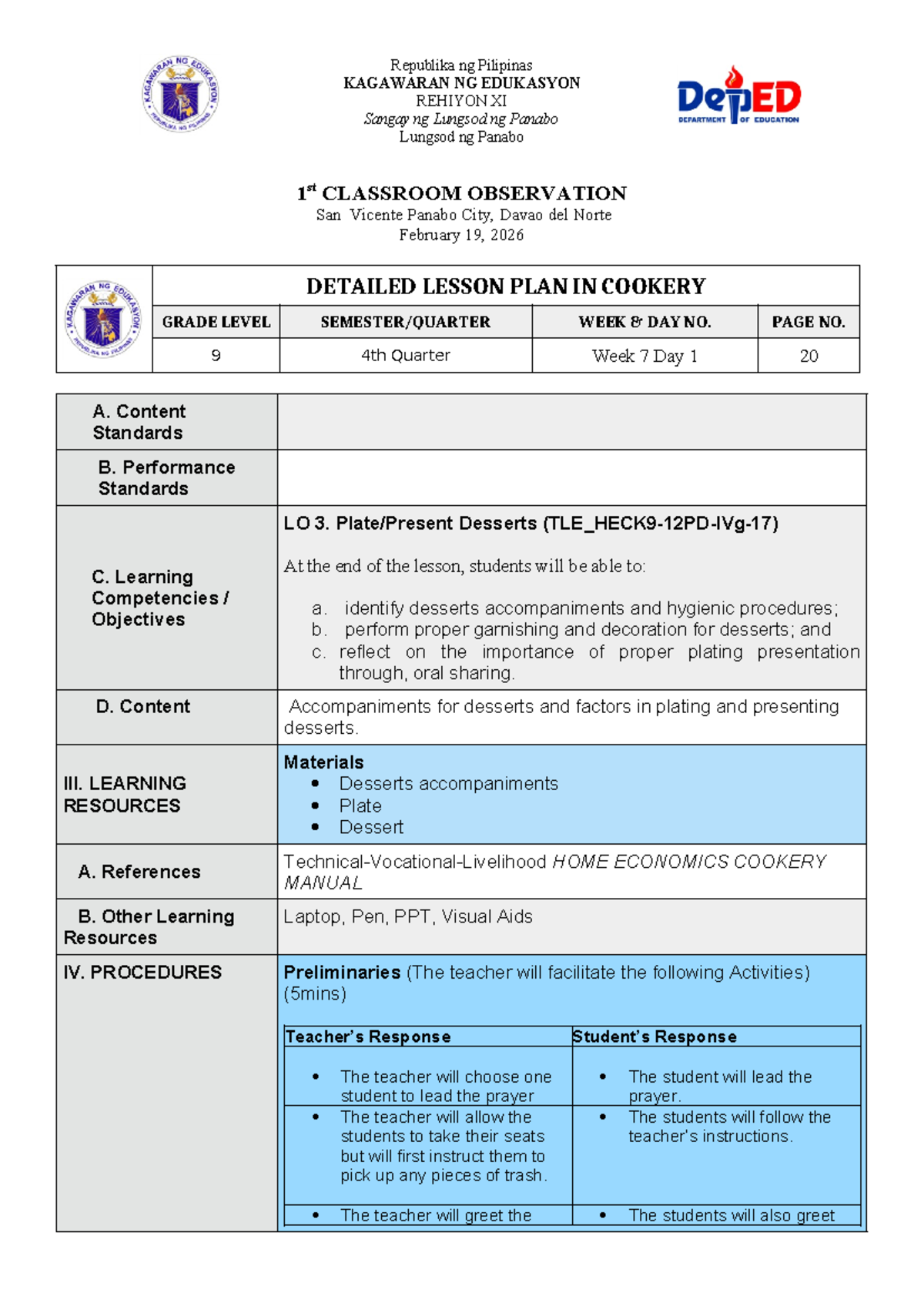 DLP in Cookery: 1st Quarter Lesson Plan on Desserts - Studocu