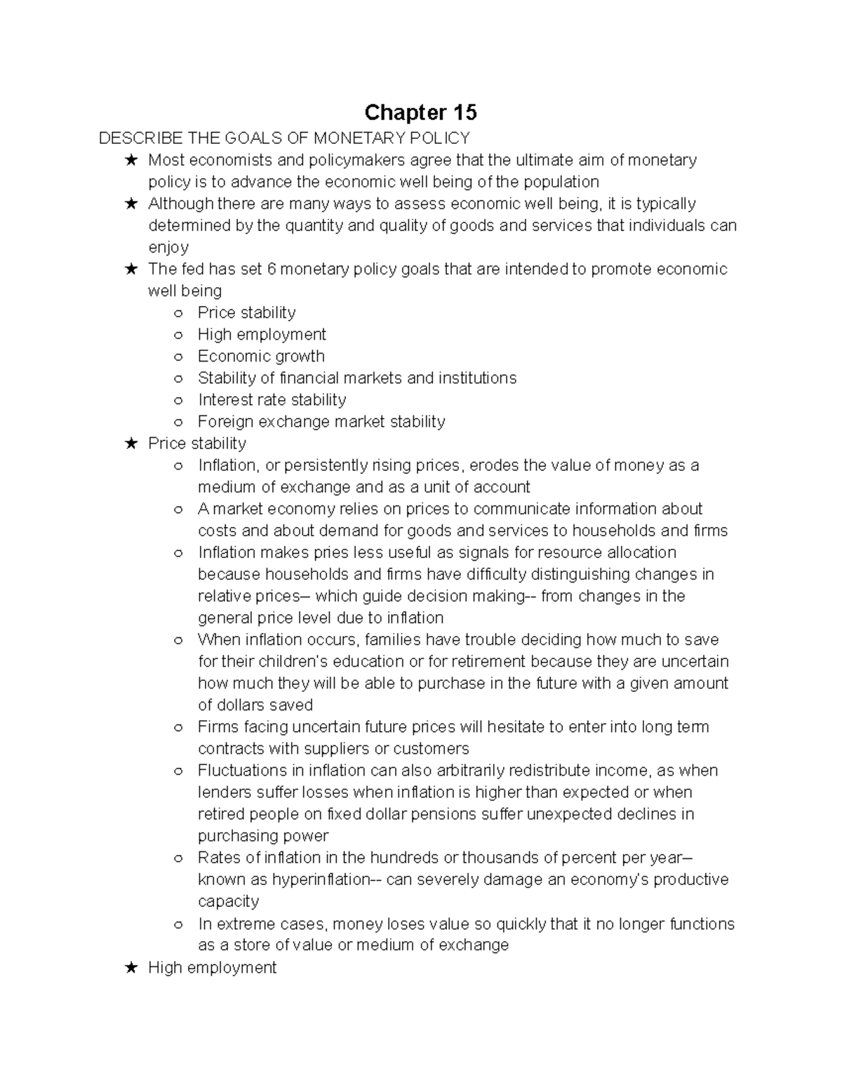 Final chapters notes - Chapter 15 DESCRIBE THE GOALS OF MONETARY POLICY ...